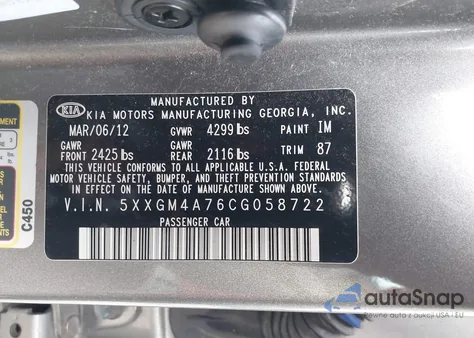 2012 Kia Optima Lx z USA, uszkodzony, nr VIN 5XXGM4A76CG058722